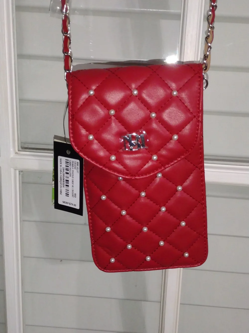 Badgley Mischka Red Quilted Pearl Crossbody Phone Bag